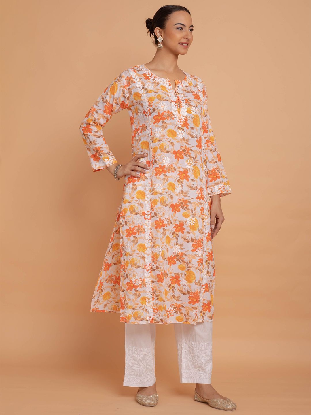 HOUSE OF KARI Floral Printed Chikankari Cotton Kurta