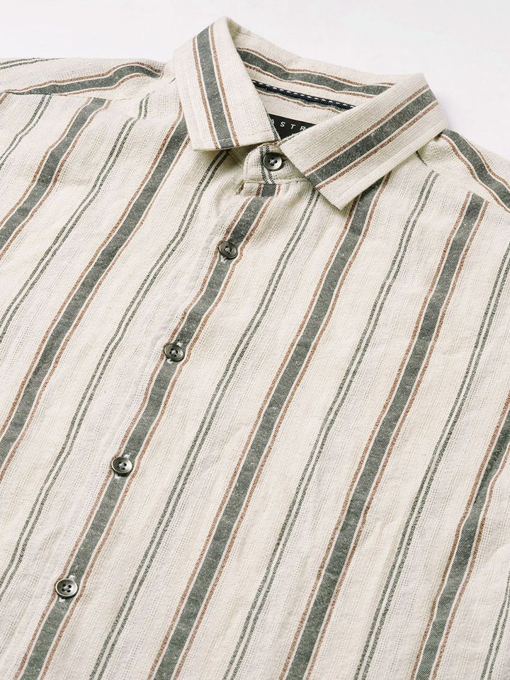 VASTRADO Classic Vertical Striped  Slim Fit Burlap Cotton Casual Shirt
