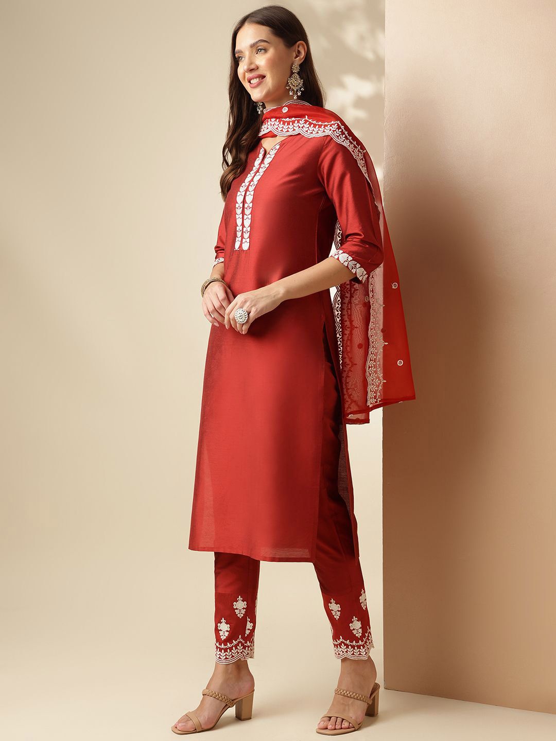 Anouk Embroidered Regular Straight Kurta with Trousers & Dupatta