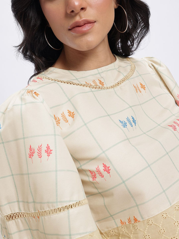 DressBerry Checked Lace Inserts Flared Sleeves Crop Top with Floral Prints