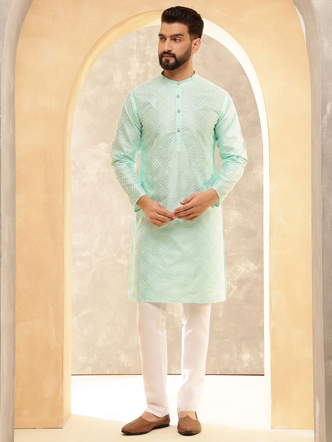 Anouk Sea Green Geometric Embroidered Mandarin Collar Straight Kurta With Pyjamas