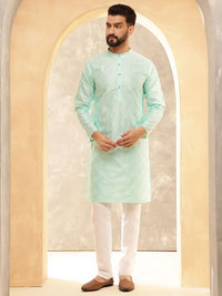 Anouk Sea Green Geometric Embroidered Mandarin Collar Straight Kurta With Pyjamas