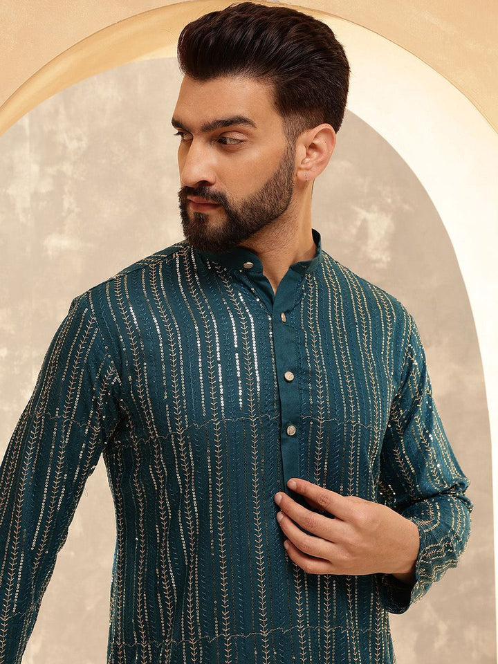 Anouk Blue Geometric Embroidered Sequence Band Collar Straight Kurta