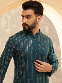 Anouk Blue Geometric Embroidered Sequence Band Collar Straight Kurta