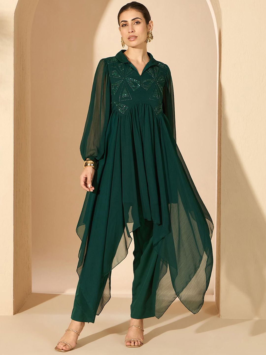 Antheaa Green Embellished Shirt Collar Tunic & Trousers
