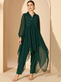 Antheaa Green Embellished Shirt Collar Tunic & Trousers