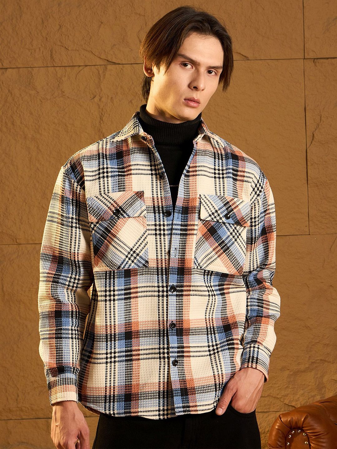 DENNISON Men Double Pocket Drop Shoulder Oversized Cotton Checked Shacket