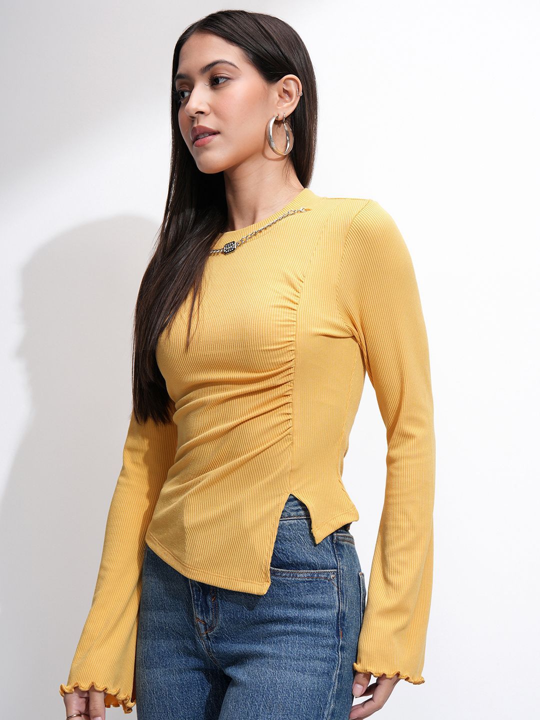 Tokyo Talkies Women Ribbed Mock Neck Bell Sleeve Fitted Top