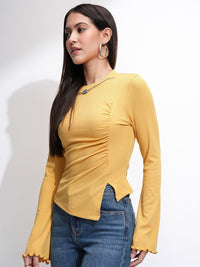 Tokyo Talkies Women Ribbed Mock Neck Bell Sleeve Fitted Top
