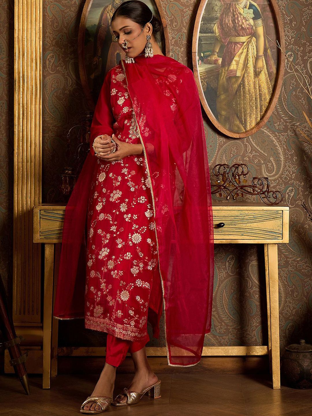 Indo Era Floral Zari Embroidered Straight Kurta with Trouser & Dupatta