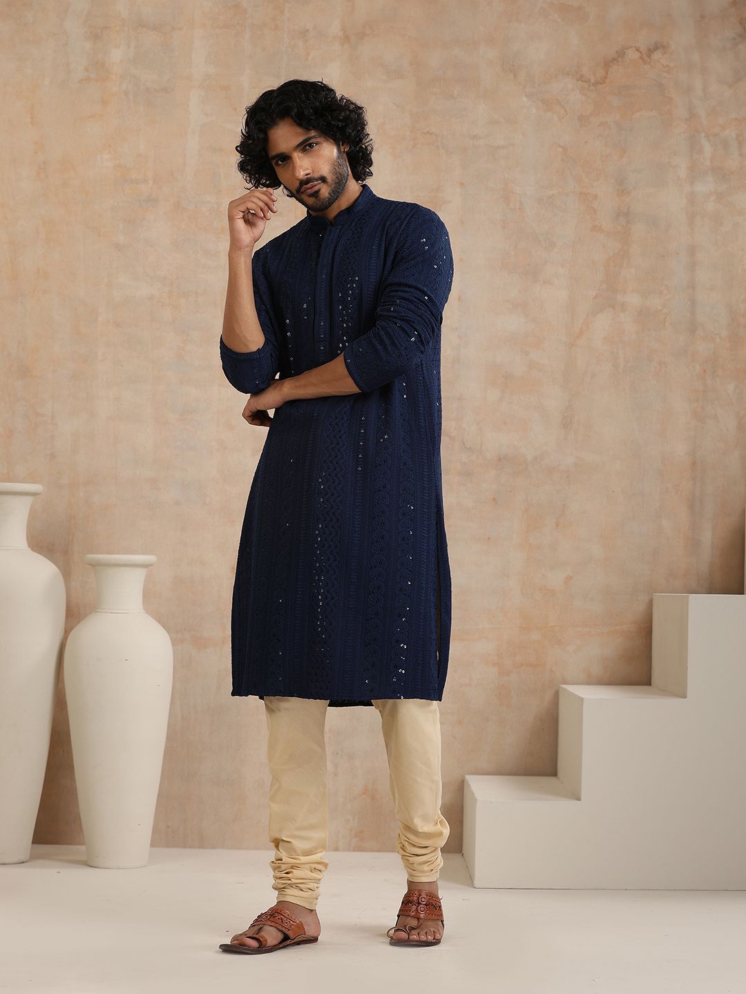 House of Chikankari Men Navy Blue Rayon Embroidered Kurta