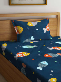 KLOTTHE Blue Graphic Polycotton 300 TC Fitted Single Fine Bedsheet with a Pillow Cover-220 x 150 cm