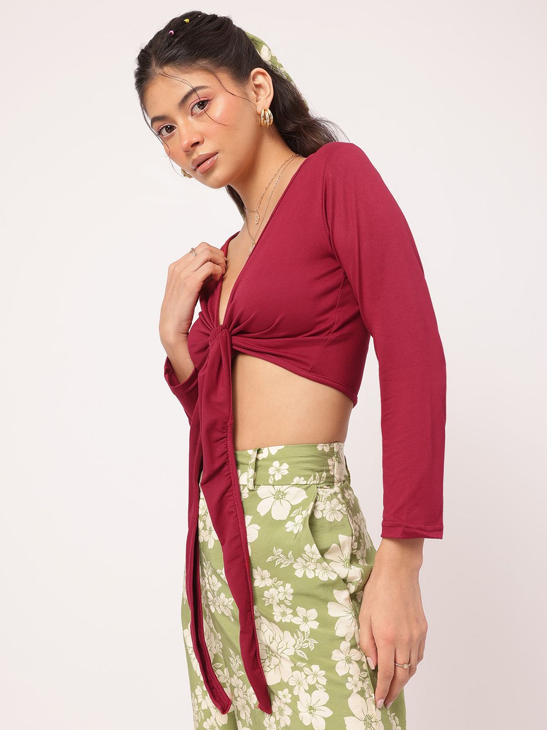 DressBerry Gypsy Spirit Plunge Neckline Tie-Up Crop Top