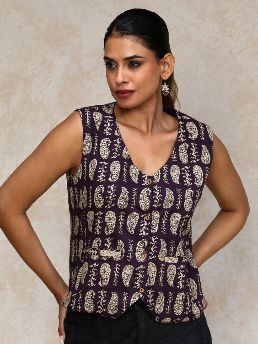 Varanga Women Paisley Printed Cotton Open Vest Top