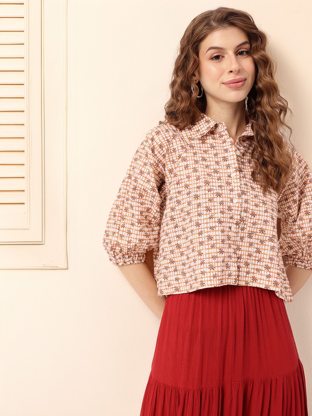 DressBerry Effortless Core Checks & Floral Printed Boxy Crop Shirt