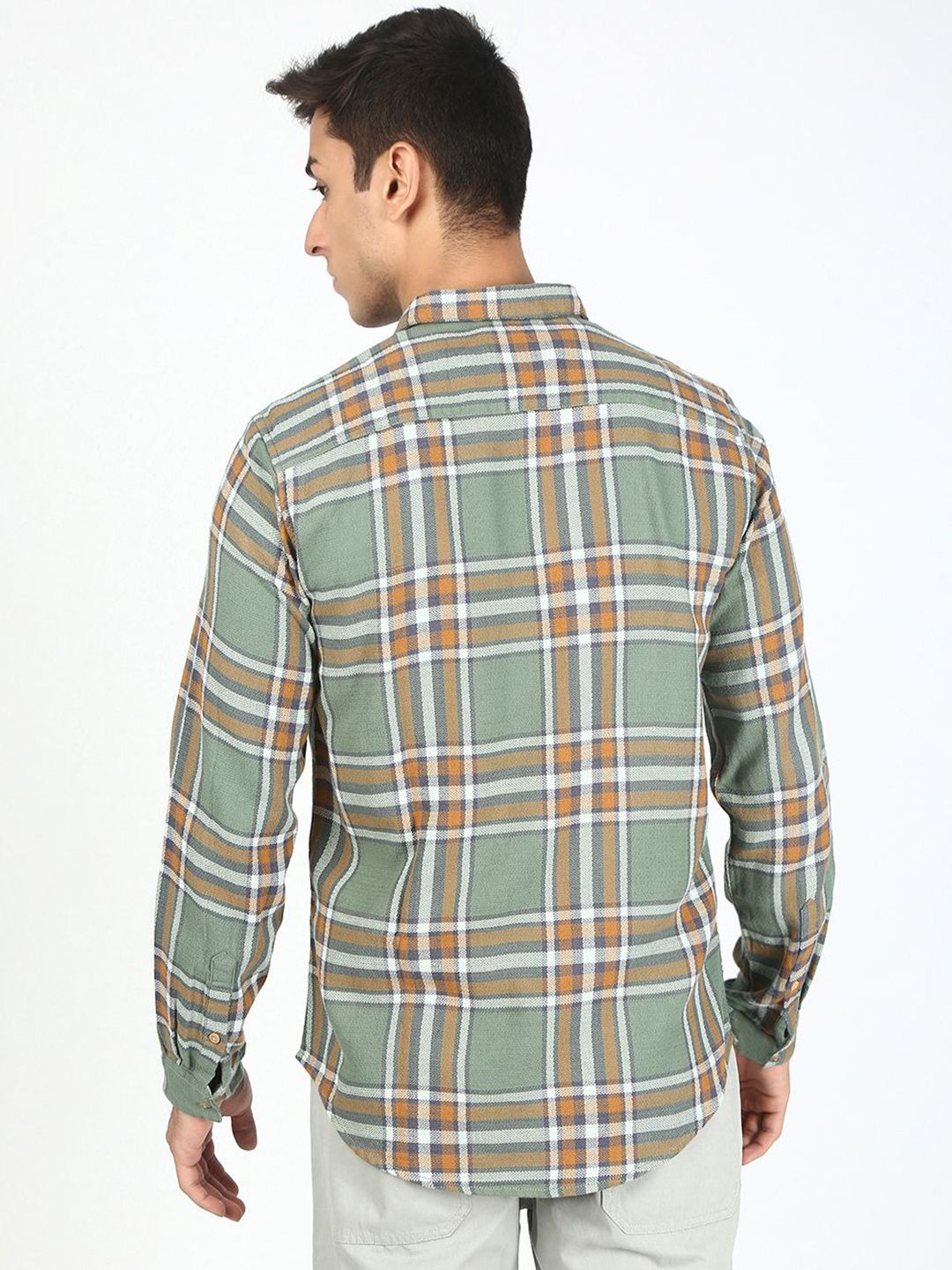 Bene Kleed Men Tartan Checked Spread Collar Cotton Casual Shirt