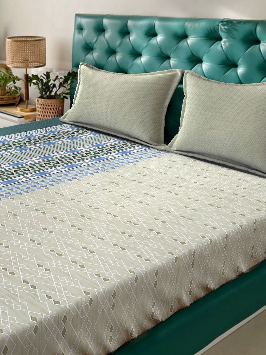 Myntra Elegant Homes Grey & Blue Geometric 400 TC Cotton King Bedsheet Set 2.70 m x 2.70 m