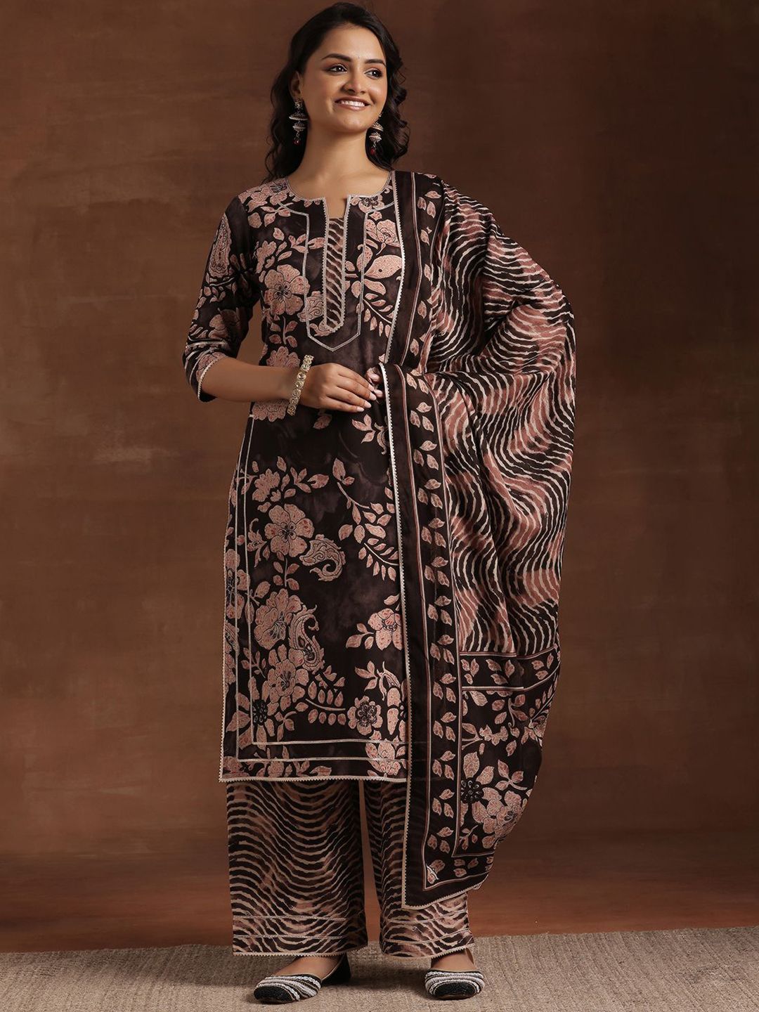 Libas Floral Printed Gotta Patti Pure Cotton Straight Kurta With Palazzo & Dupatta
