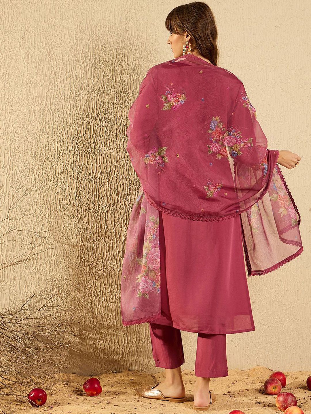 Indo Era Women Floral Yoke Design Regular Thread Work Kurta with Trousers & With Dupatta
