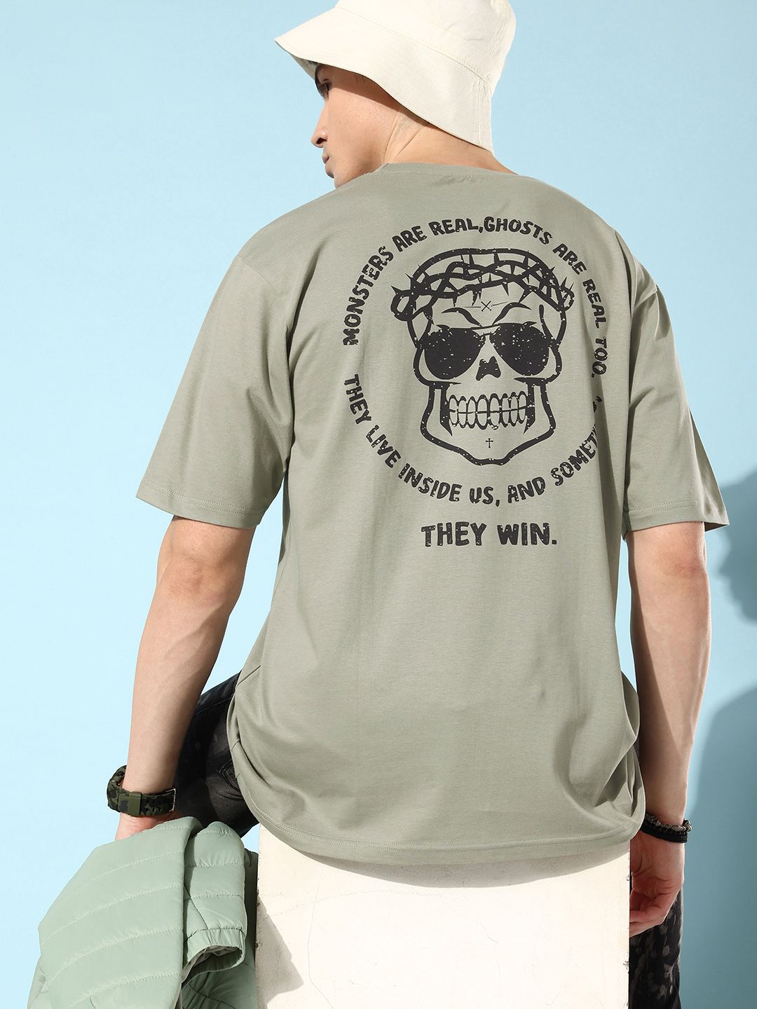 Difference of Opinion Men Grey Typography Printed Pure Cotton Oversized T-Shirt