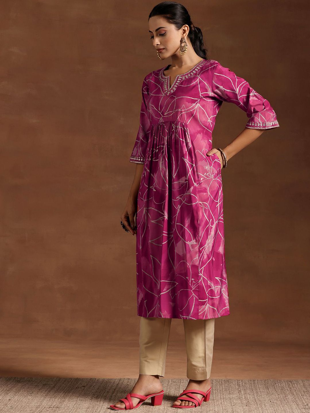 Libas Floral Printed Notch Neck Sequinned A-Line Kurta