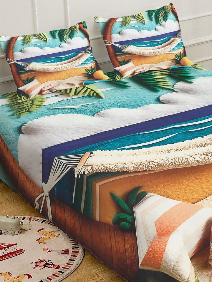 Myntra Elegant Blue Abstract 400 TC King 7D Bedsheet & 2 Pillow Cover 250X225 cm