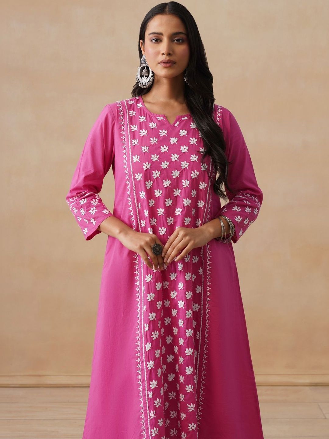 House of Chikankari Women Solid Fuchsia Cotton A-Line Kurta