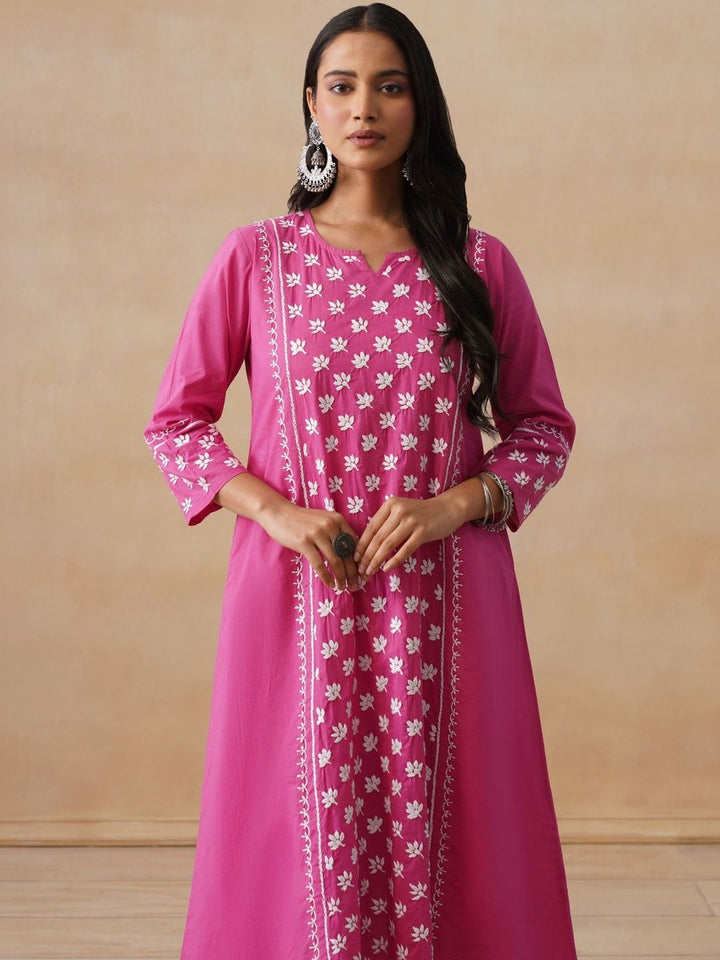 House of Chikankari Women Solid Fuchsia Cotton A-Line Kurta