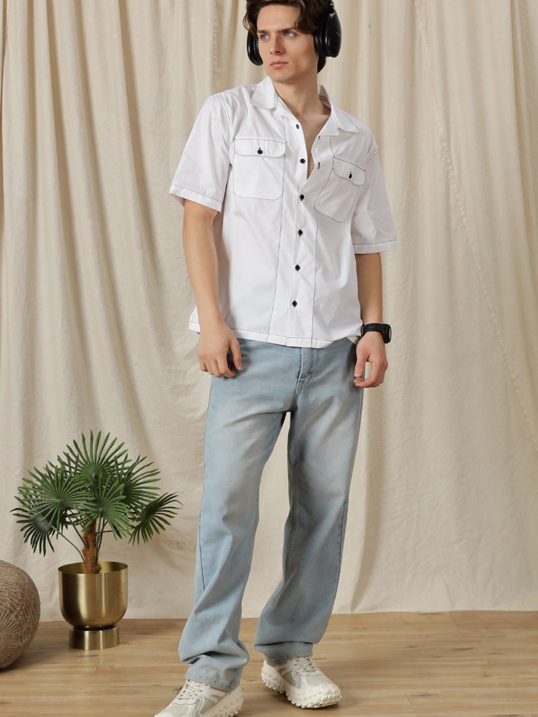 Eszett Contrasting Thread Cotton Short Sleeves Shirt