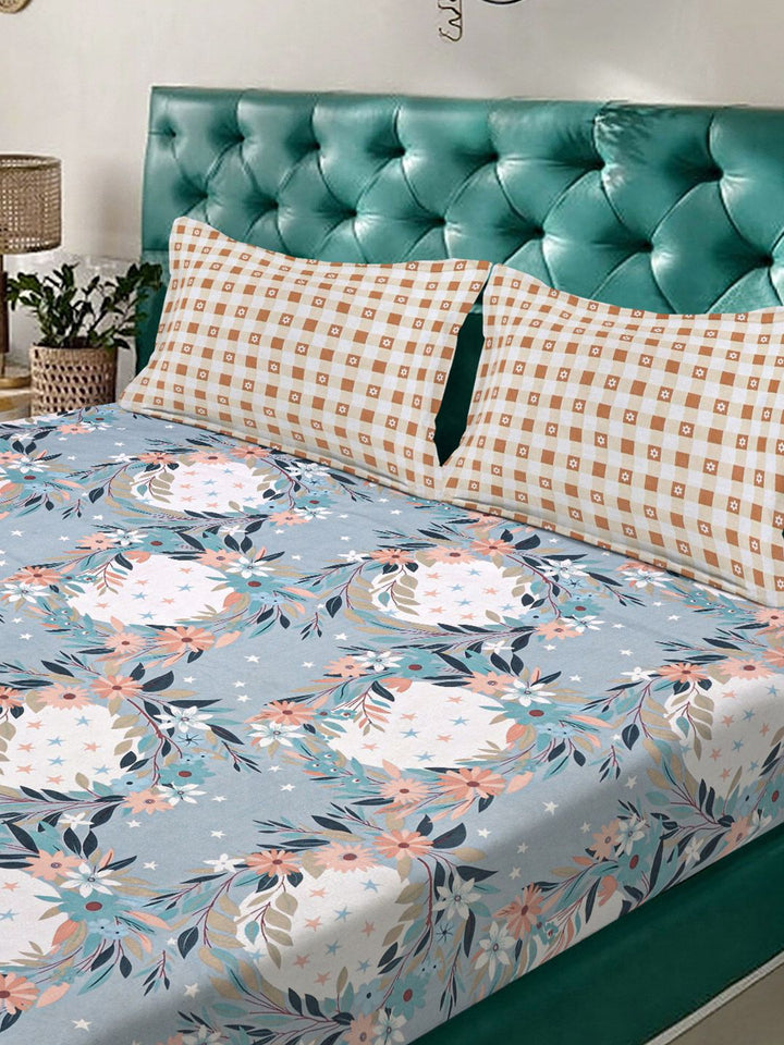 Aura Blue & White Floral Printed Set Cadar King 300 TC 2.5 x 2.25 m