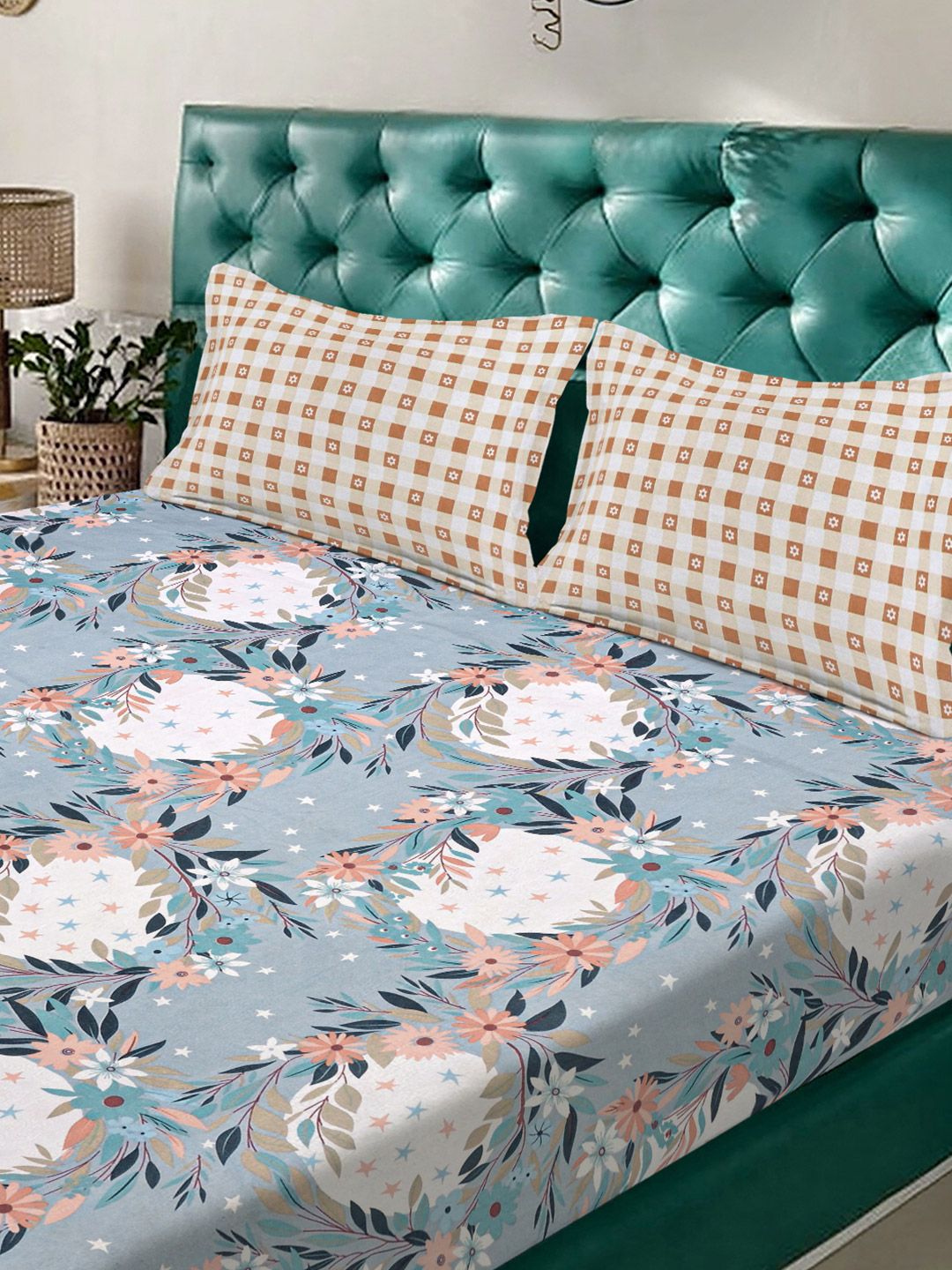 Aura Blue & White Floral Printed Set Cadar King 300 TC 2.5 x 2.25 m