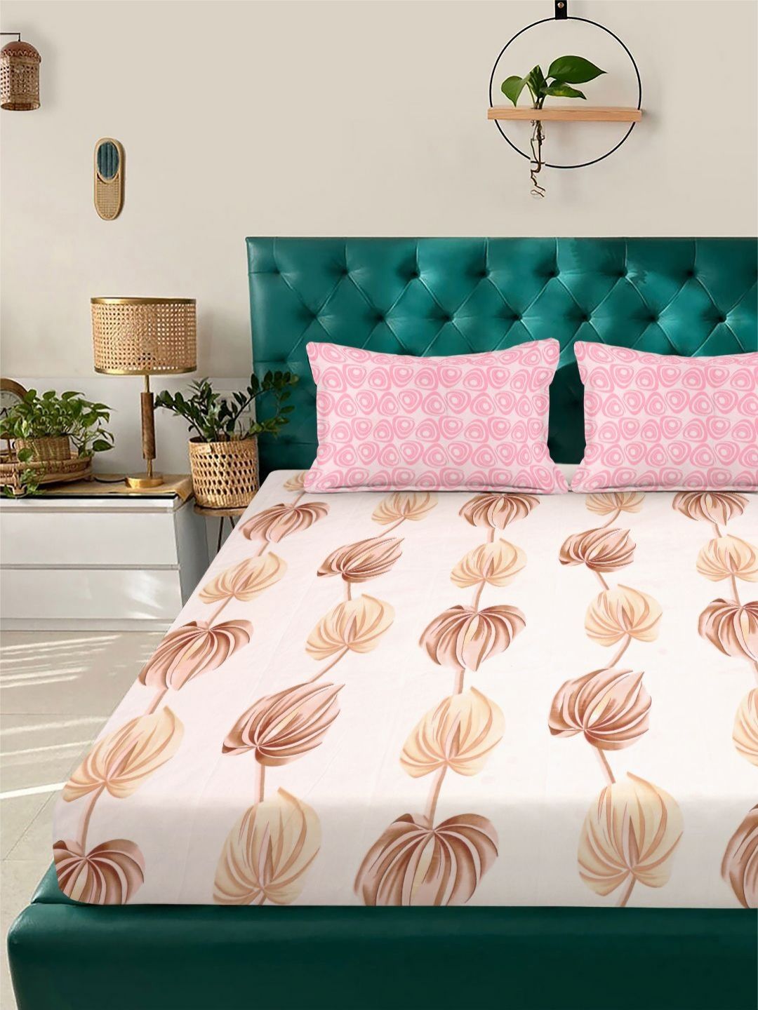 Aura Cream-Coloured & Pink Floral Printed 300 TC King Bedsheet Set 2.5 m x 2.25 m