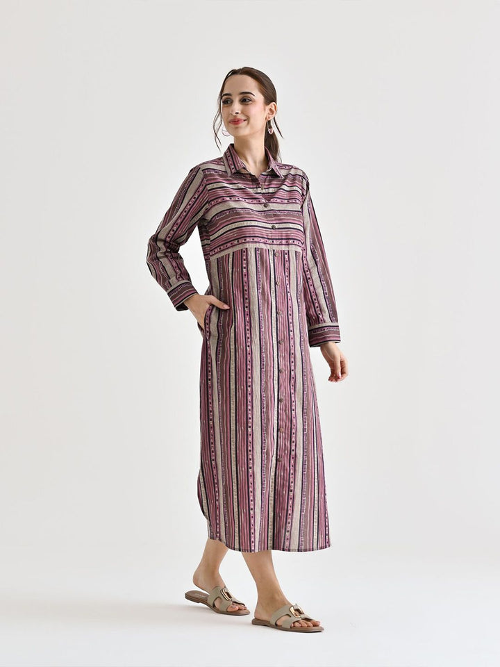 Rustorange Women Striped Cotton Shirt Collar Shirt Midi Dress