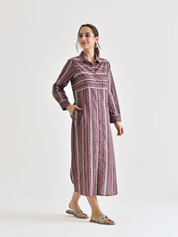 Rustorange Women Striped Cotton Shirt Collar Shirt Midi Dress
