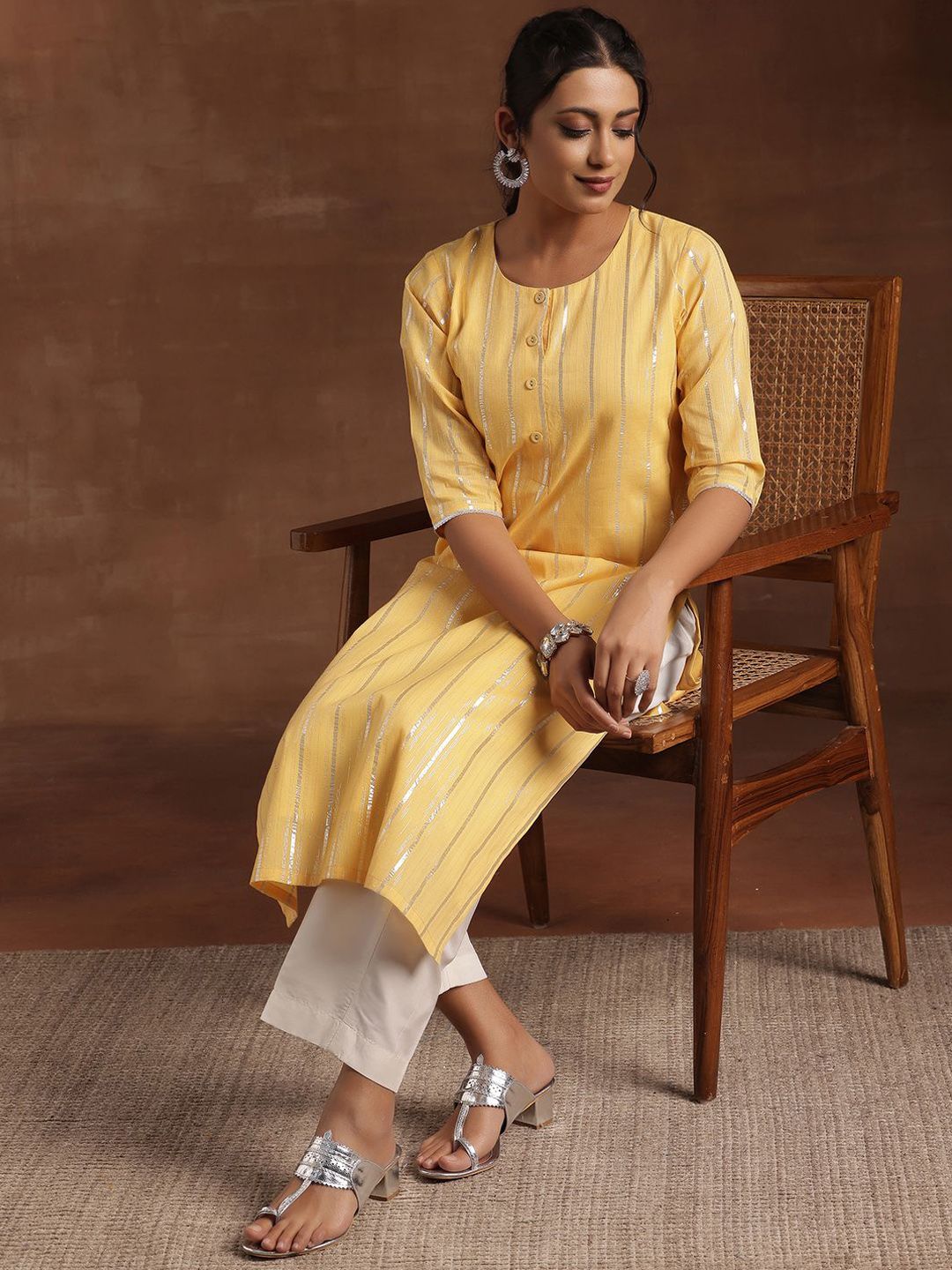 Libas Striped Woven Design Round Neck Pure Cotton Straight Kurta