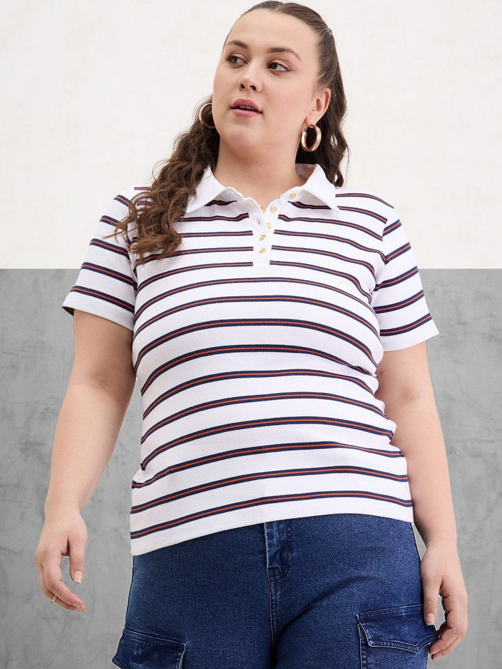 SASSAFRAS Curve Women Striped Polo Collar T-shirt