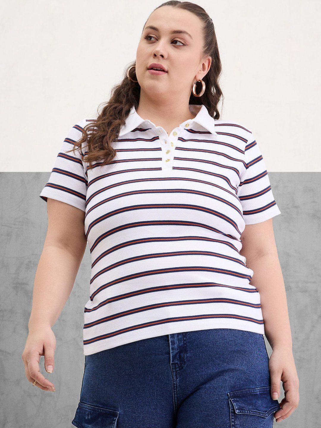SASSAFRAS Curve Women Striped Polo Collar T-shirt