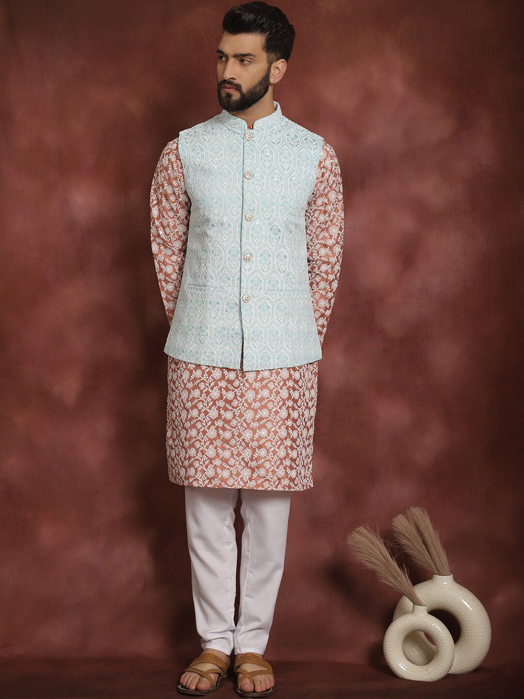 Anouk Embroidered Regular Thread Work Kurta With Churidar & Nehru Jacket