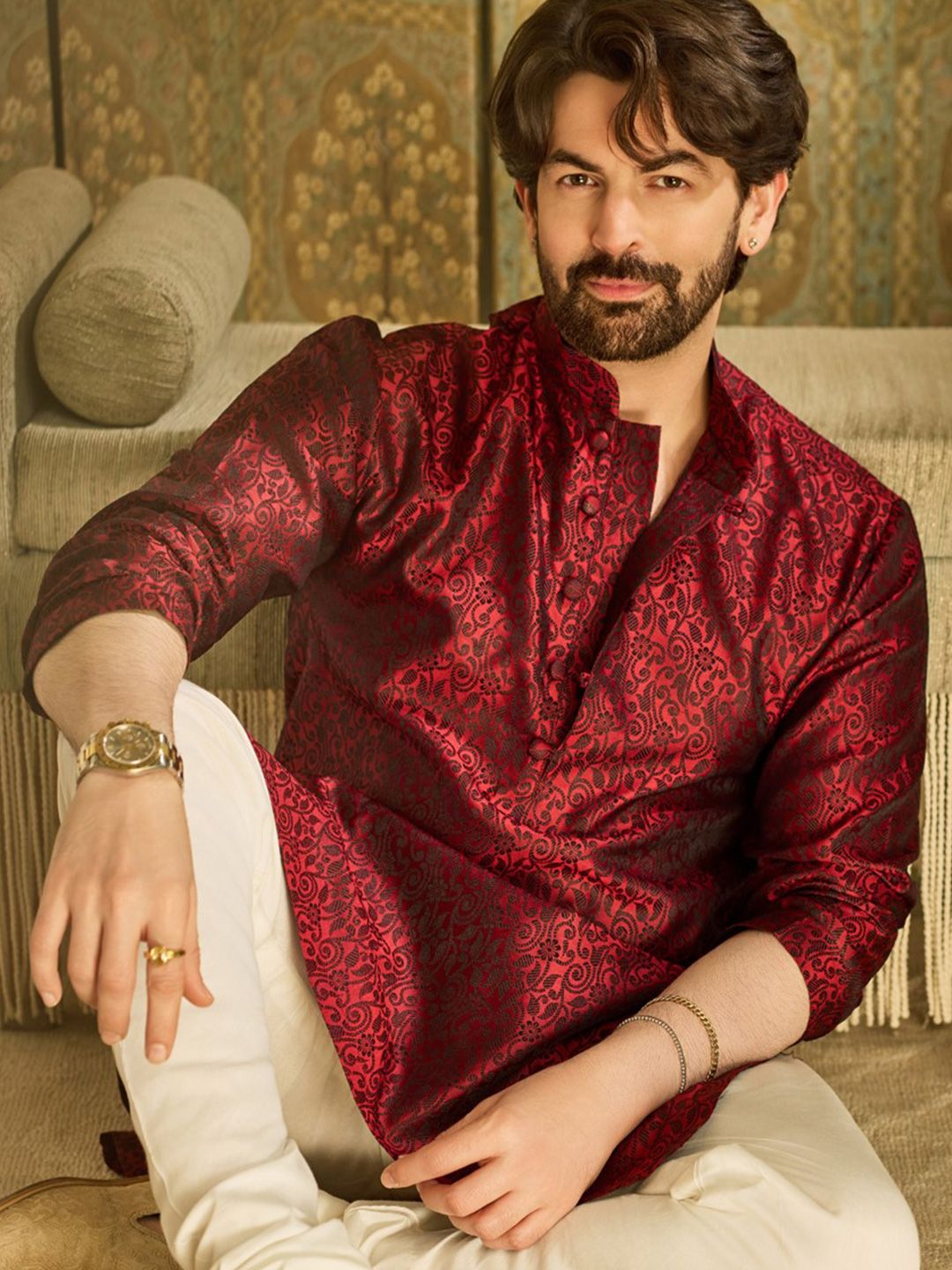 SOJANYA Men Maroon Woven Design Straight Kurta