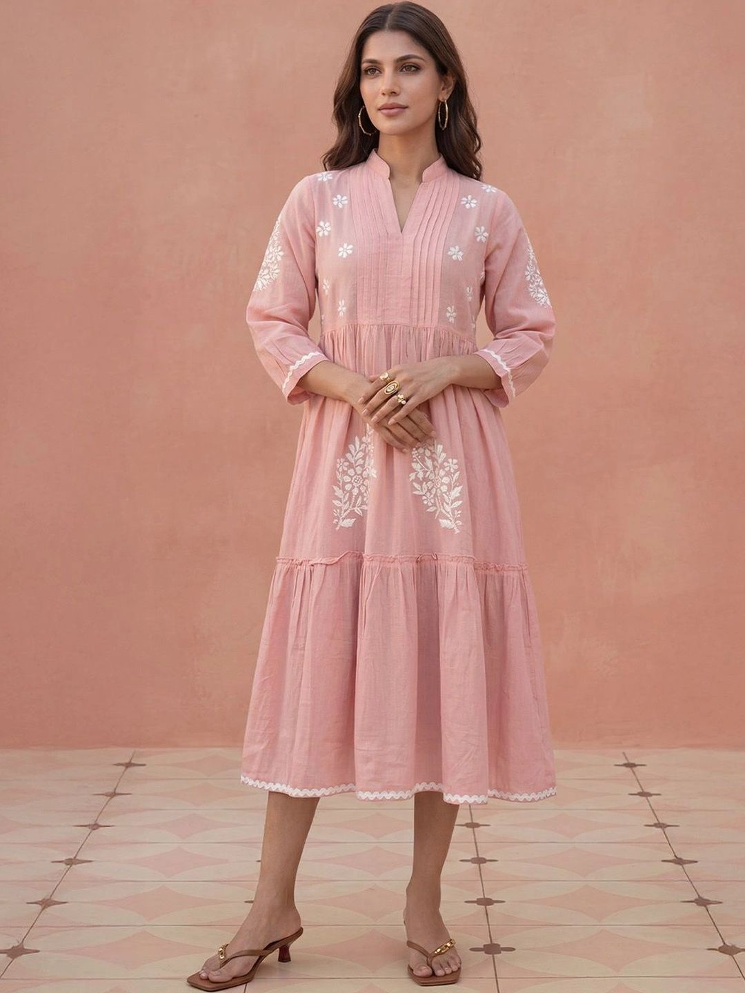 House of Chikankari Floral Embroidered A-Line Midi Dress