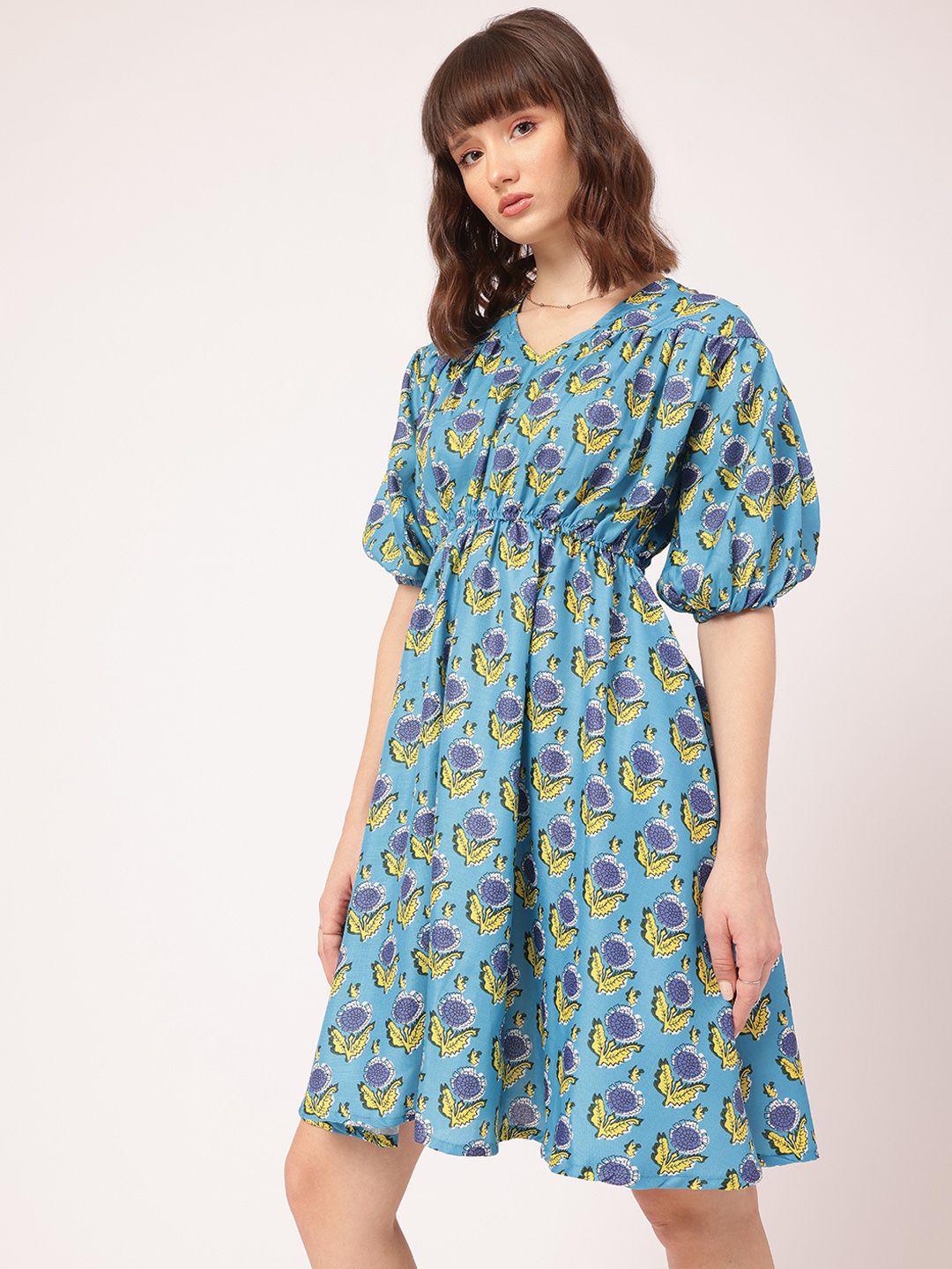 DressBerry Daydream Diva Floral Print Cinched Waist A-line Dress