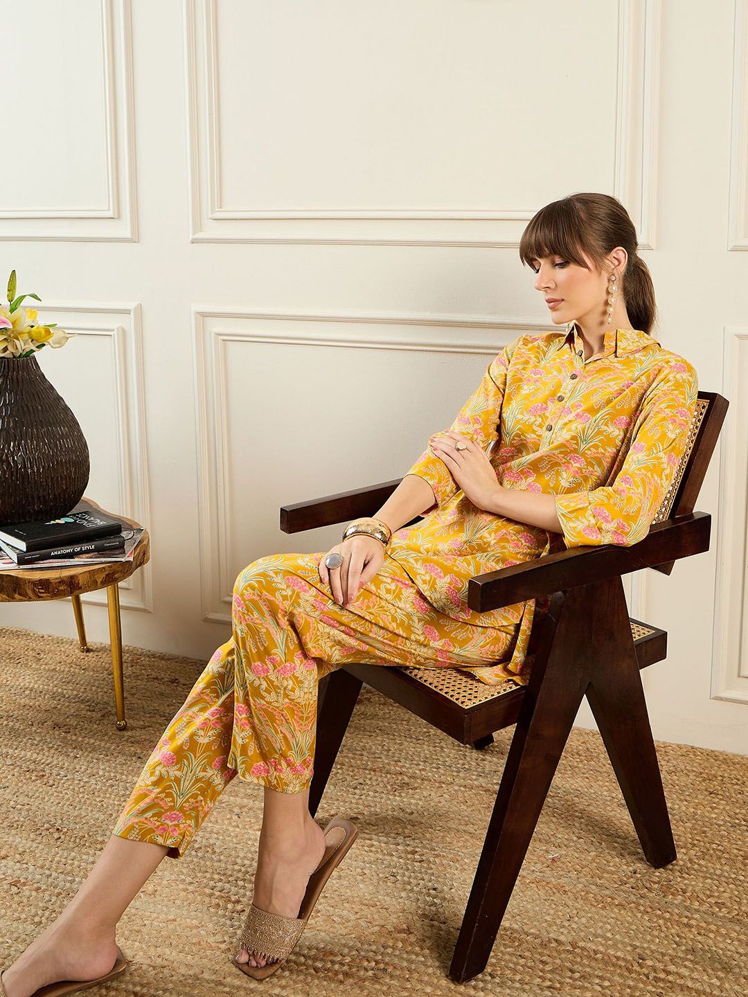 Indo Era Floral Printed Shirt Collar Tunic & Trousers