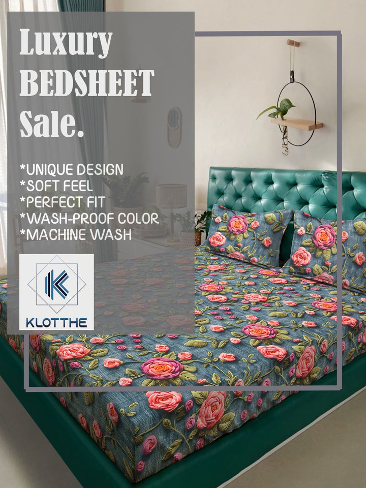 KLOTTHE Turquoise Blue Floral Printed Flat 300 TC King 7D Cadar Dengan 2 Sarung Bantal