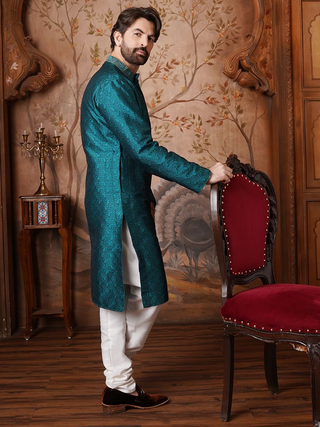 SOJANYA Paisley Woven Design Mandarin Collar Straight Kurta With Churidar