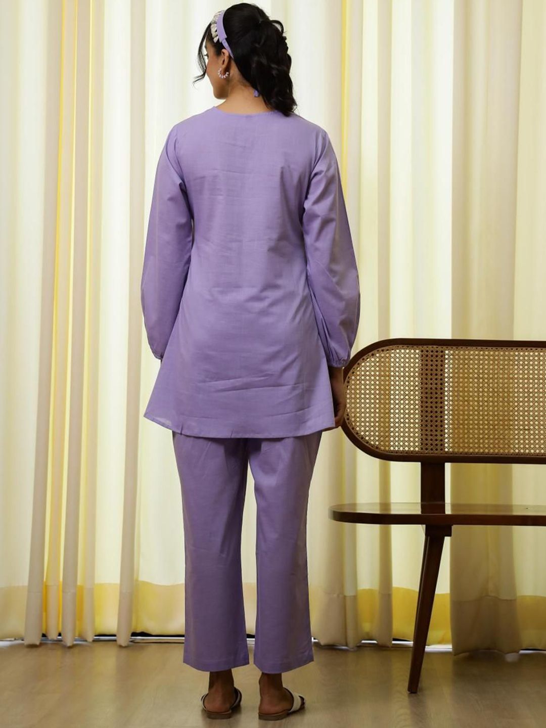 Mamicha Wanita Bercetak V-Neck Cotton Tunik dan Seluar Co-Ords