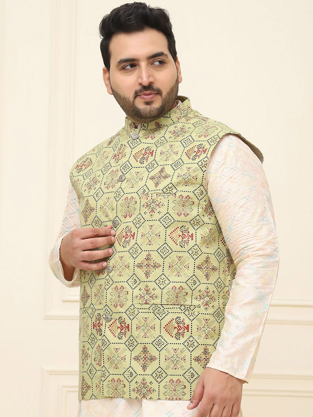 SOJANYA PLUS Men Printed Mandarin Collar Cotton Linen Nehru Jacket