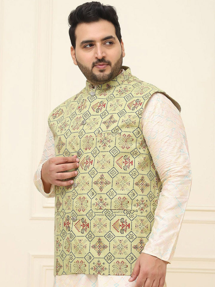 SOJANYA PLUS Lelaki Printed Mandarin Collar Cotton Linen Jaket Nehru