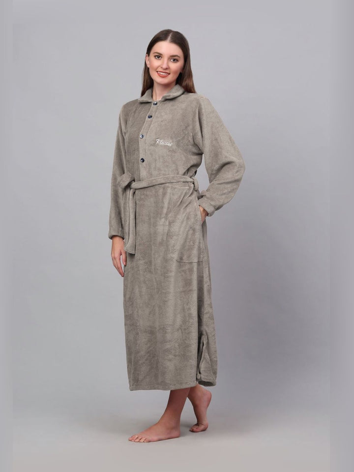 KLOTTHE Beige Woollen Long Sleeves Bath Robe With Belt