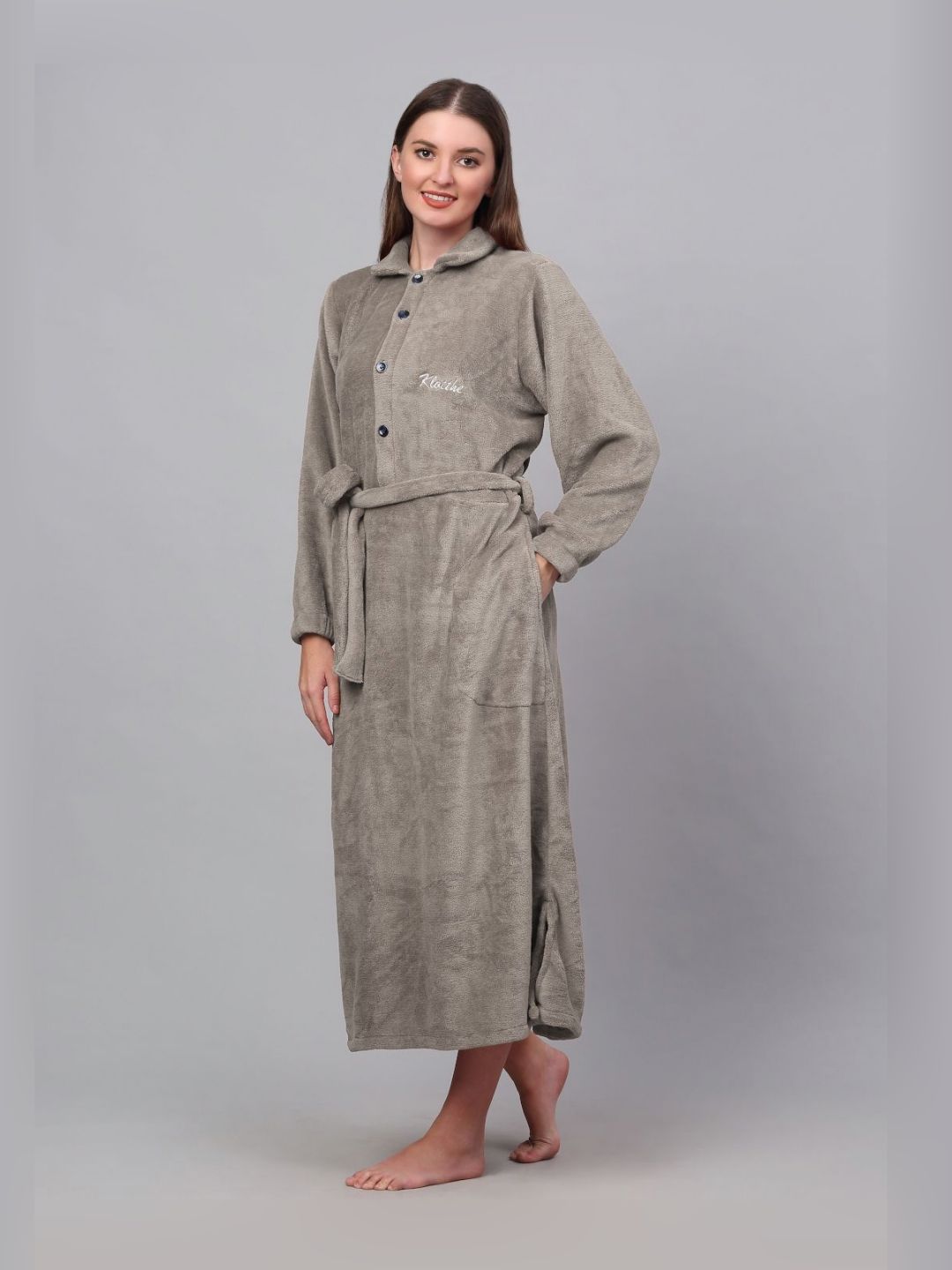 KLOTTHE Beige Woollen Long Sleeves Bath Robe With Belt
