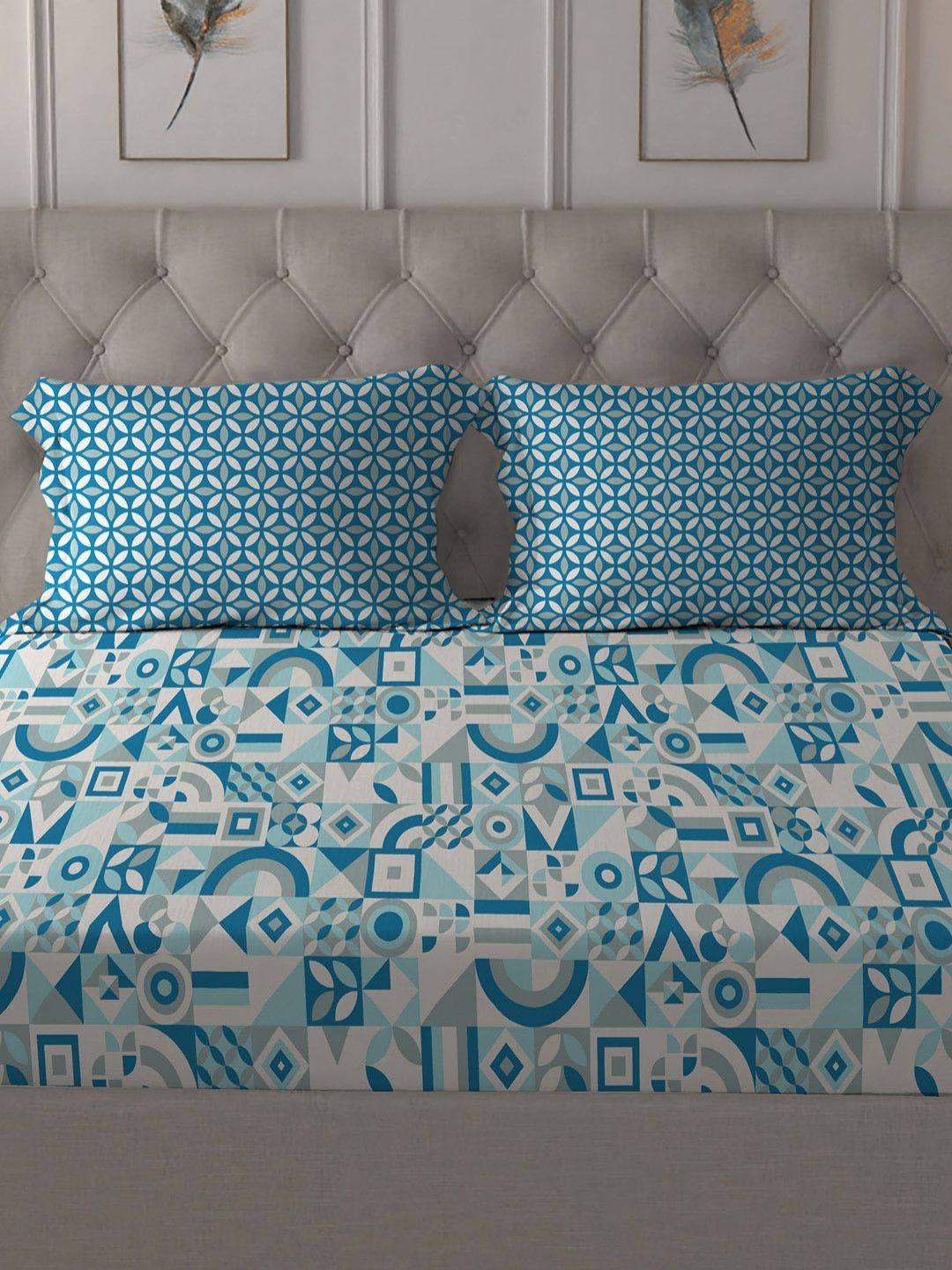 MYTRIDENT Magnolia Blue Comfort Living Flat 120TC Queen Cotton Bedsheet Set